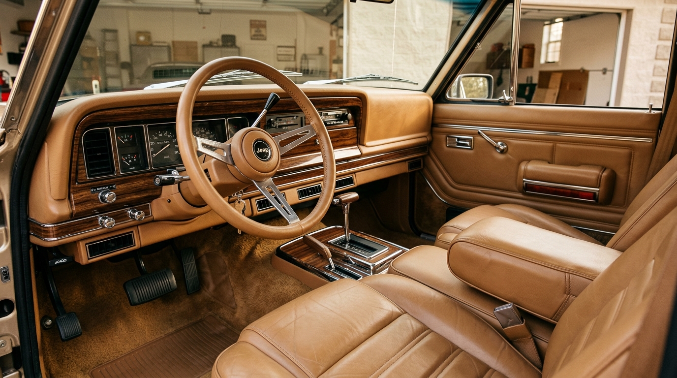 Jeep Grand Wagoneer SJ luxury interior showing leather bench seat with center armrest, woodgrain dashboard trim, power window switches, and chrome accents in a restored cabin