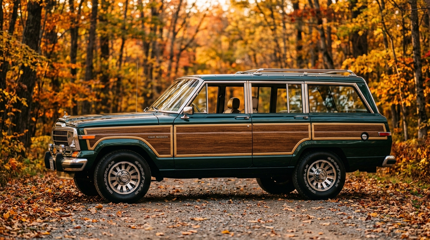 Late-model Jeep Grand Wagoneer SJ in dark green with woodgrain side panels in profile view showing the signature fake woodgrain trim, chrome bumpers, and quad headlights parked in a scenic setting