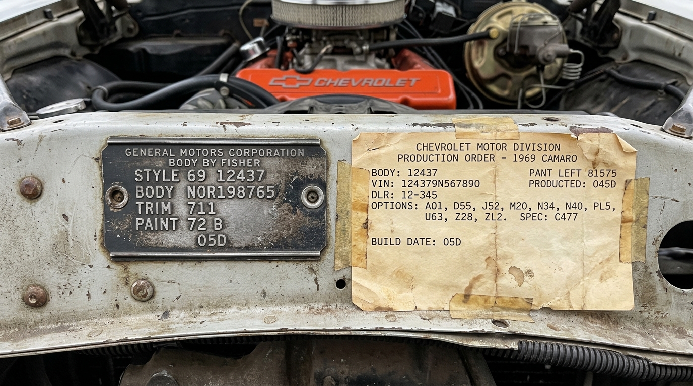 GM cowl tag on firewall next to original build sheet showing matching body numbers and trim codes for classic car authentication