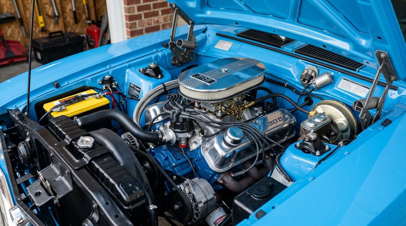 1972 Ford Maverick Grabber 302ci Windsor V8 engine bay with 2-barrel carburetor and chrome air cleaner in clean small-block engine compartment