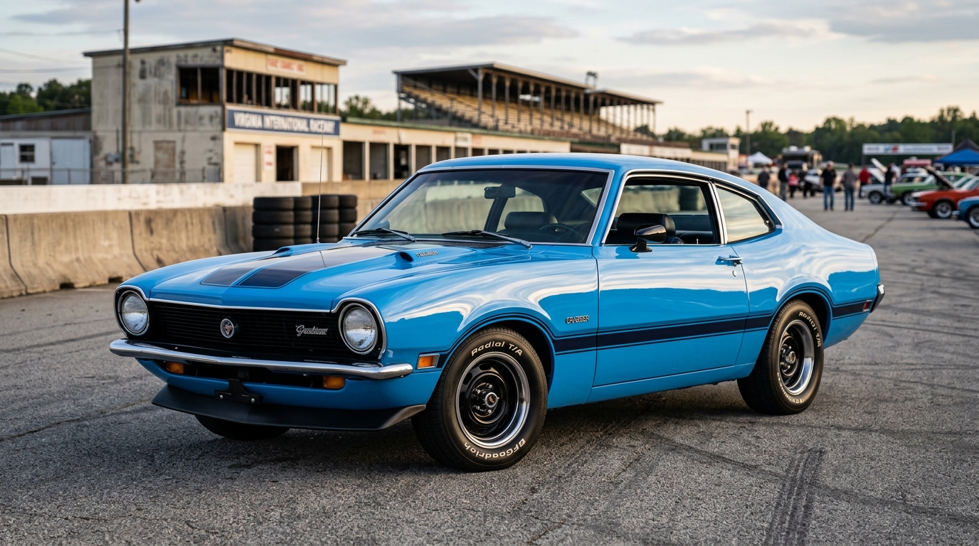 1971 Ford Maverick Grabber in Grabber Blue with sport stripes and blackout grille, three-quarter front view showing compact muscle car stance