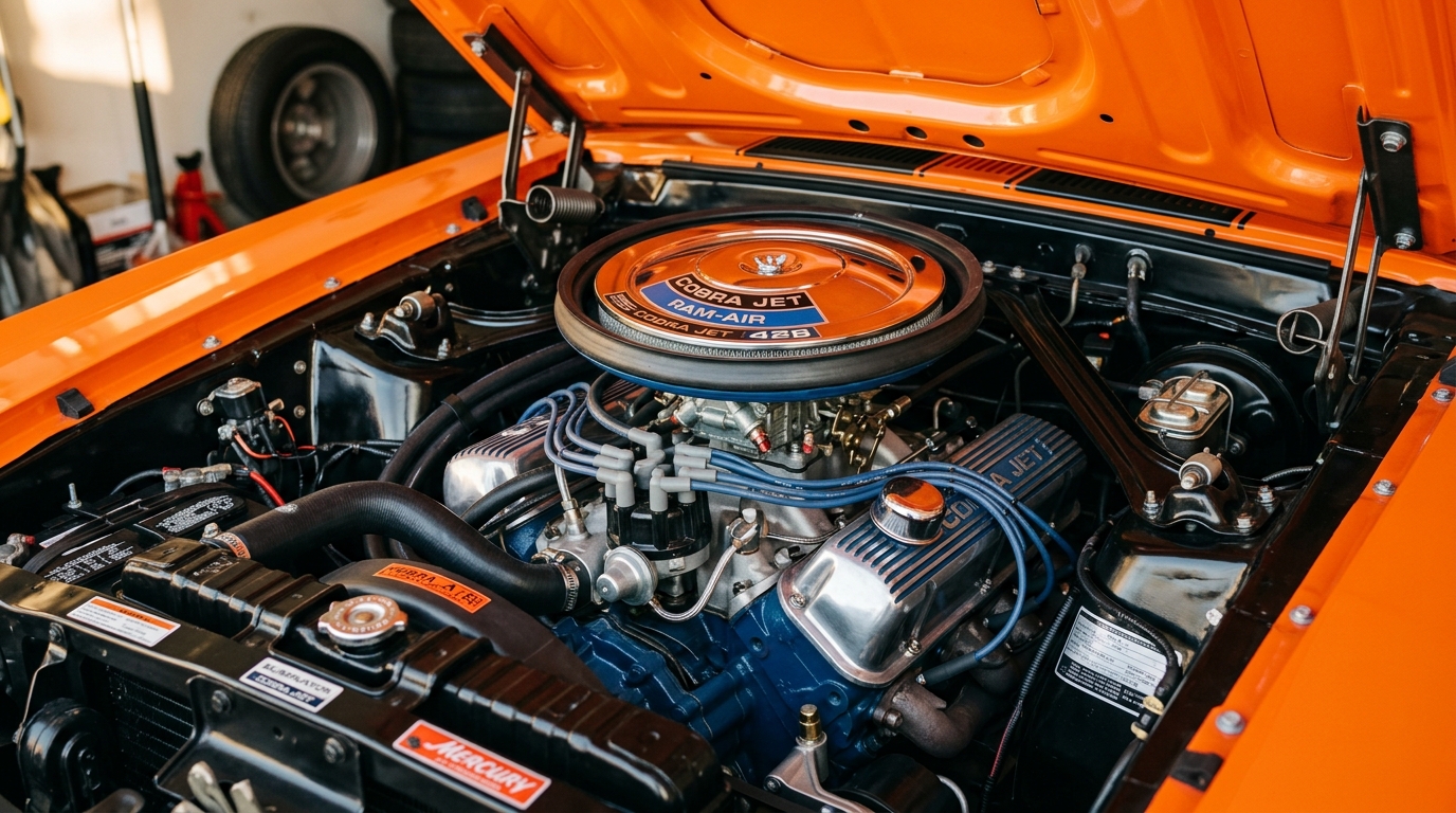 Mercury Cougar Eliminator 428ci Cobra Jet V8 engine bay with ram-air hood and chrome air cleaner, showing 335hp from upscale F-body muscle car