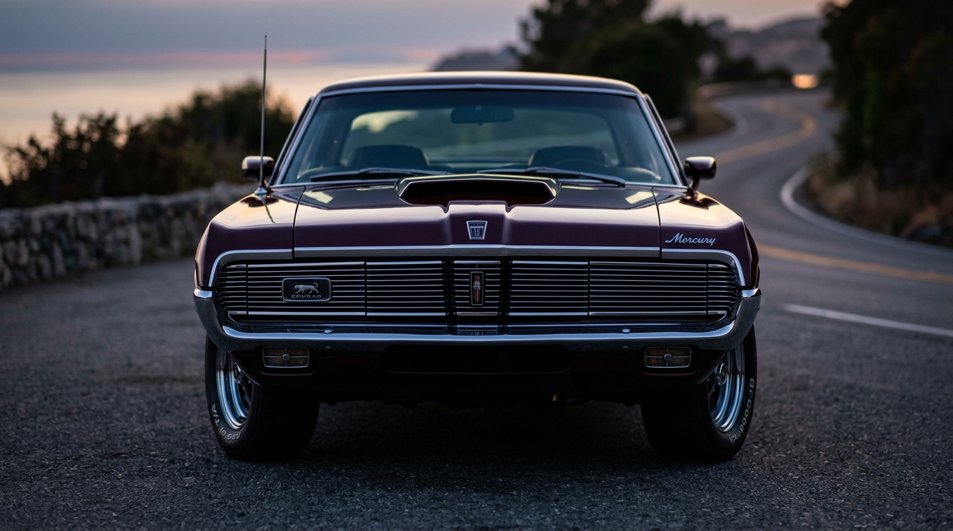 1969 Mercury Cougar XR-7 front view with hidden headlights and split grille in dark maroon, showing upscale F-body pony car front end design