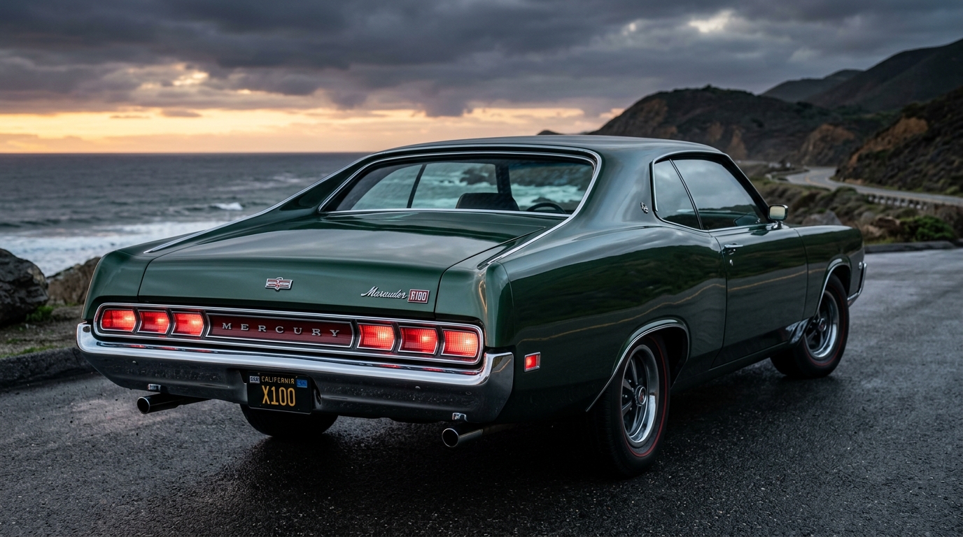 1969 Mercury Marauder X-100 rear view showing fastback roofline and taillight design in dark metallic green, full-size Mercury muscle car