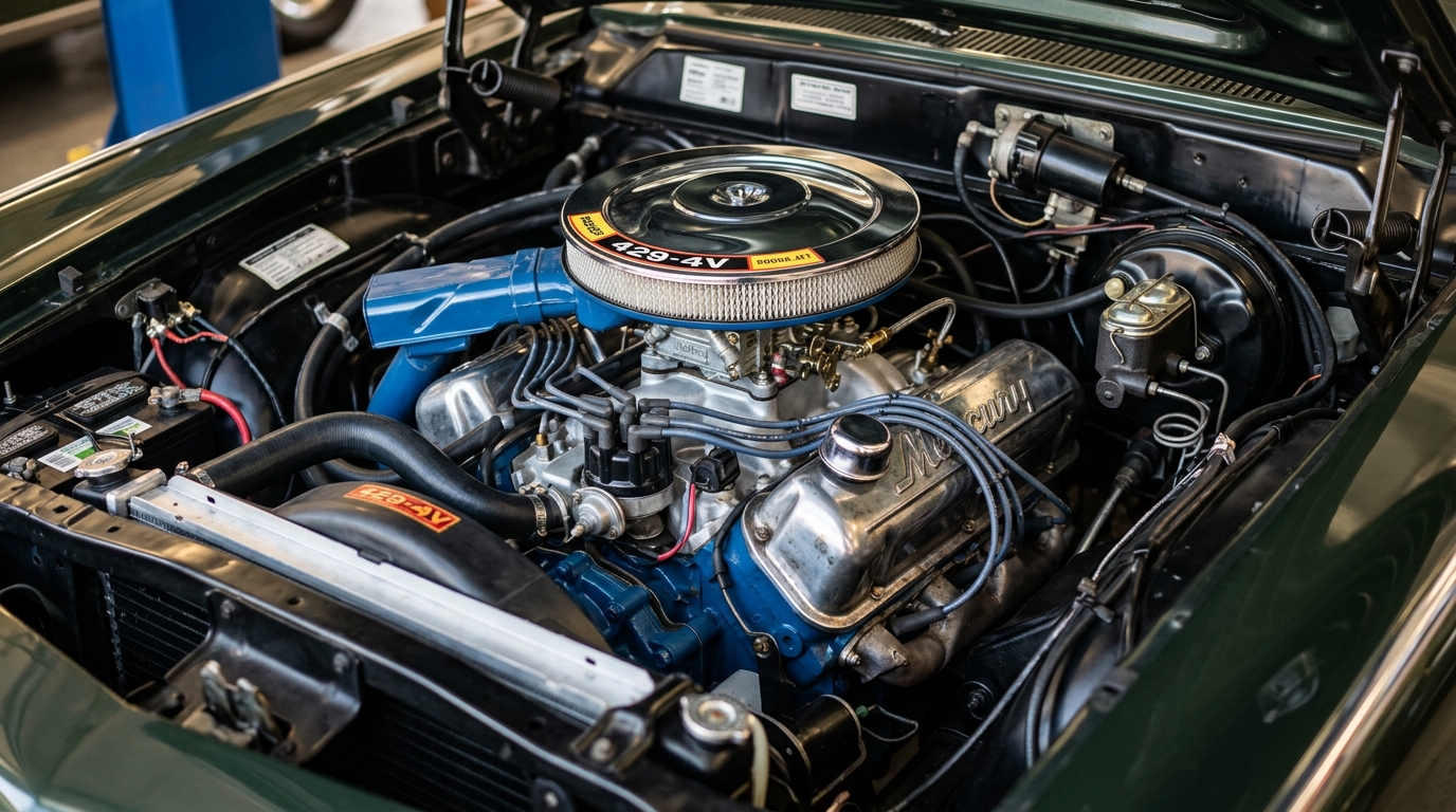 Mercury Marauder X-100 429ci big-block V8 engine bay with chrome air cleaner, showing 400hp output from full-size Mercury muscle car