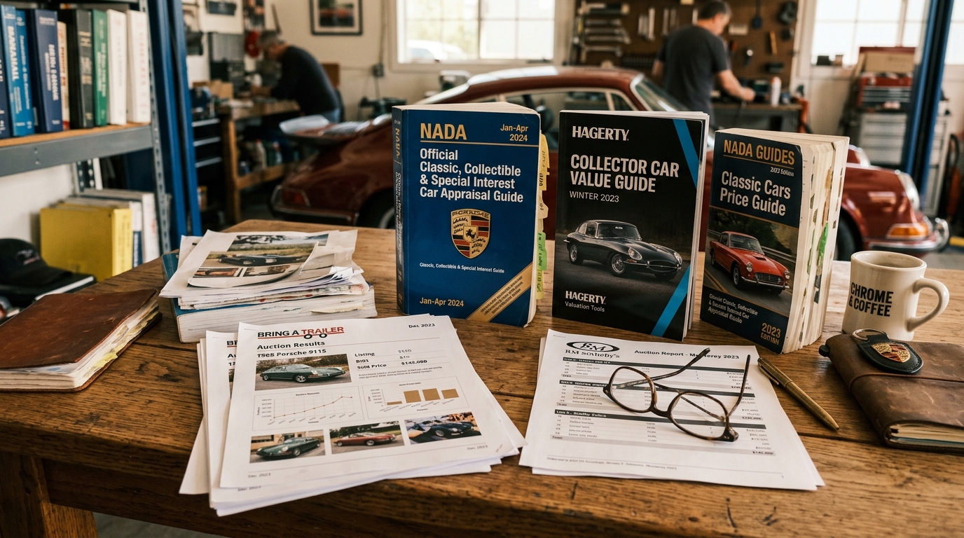 Classic car valuation reference guides including NADA, Hagerty, and auction price books spread on a table for cross-reference research