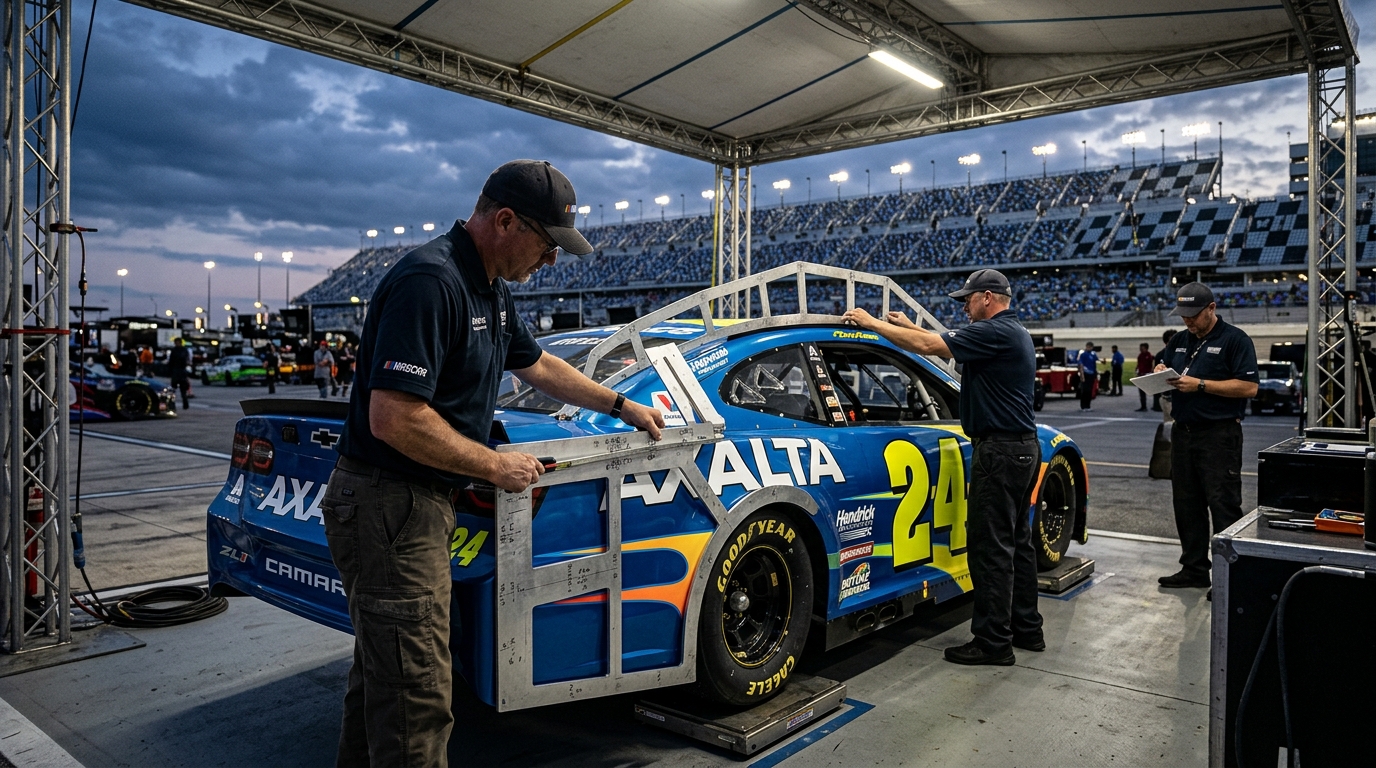 NASCAR technical inspectors using metal body templates to check the dimensions of a stock car body in the inspection area at Daytona International Speedway