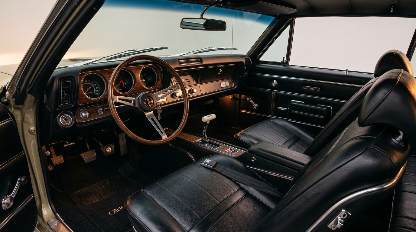 Oldsmobile 442 Hurst/Olds interior with bucket seats, Hurst shifter, woodgrain dashboard trim, and full instrumentation in restored cabin