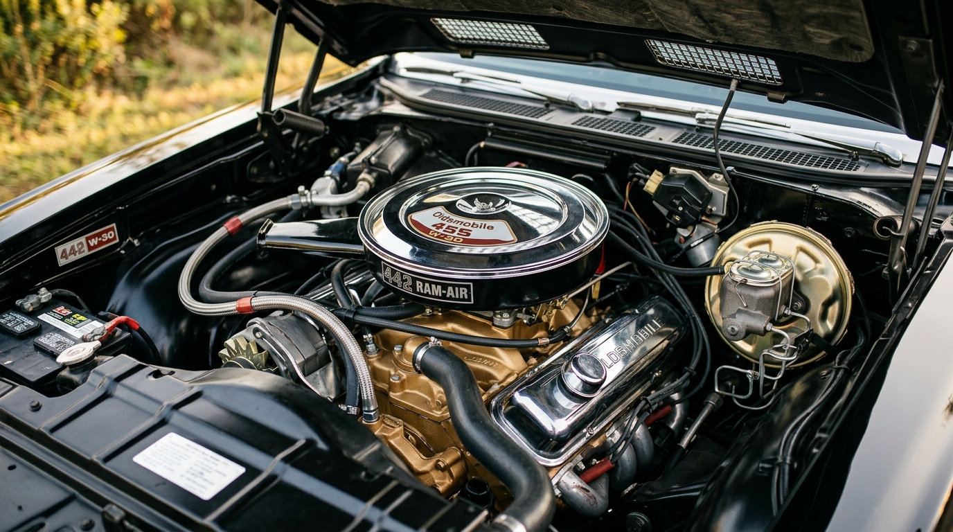 Oldsmobile 442 W-30 455ci V8 engine bay with ram-air hood scoops, chrome air cleaner, showing 370hp and 500 lb-ft torque output