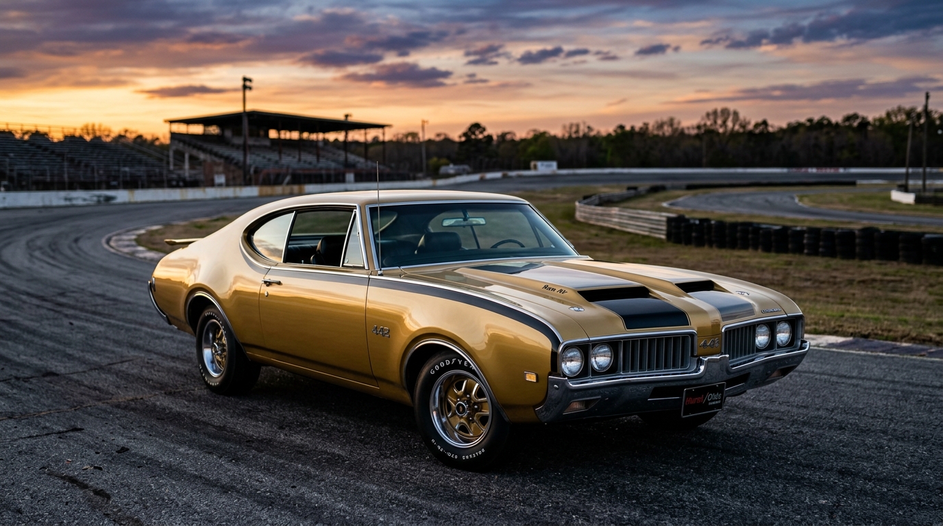 1968 Hurst/Olds 442 in gold with black stripes and Hurst mag wheels, three-quarter view showing rarest 442 variant with only 500 built