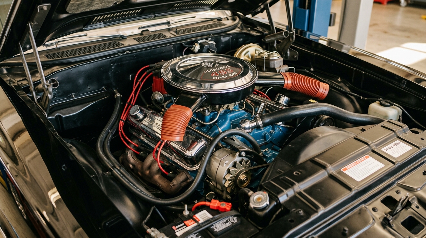 Oldsmobile 442 W-30 455ci V8 engine bay with ram-air induction and chrome air cleaner, showing 370hp and 500 lb-ft from refined A-body muscle car