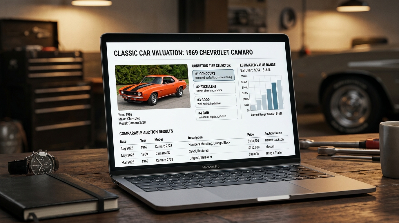 Classic car value calculator interface on a laptop showing a 1969 Chevrolet Camaro with condition tier selector from #1 Concours to #4 Fair, price range chart, and comparable auction results