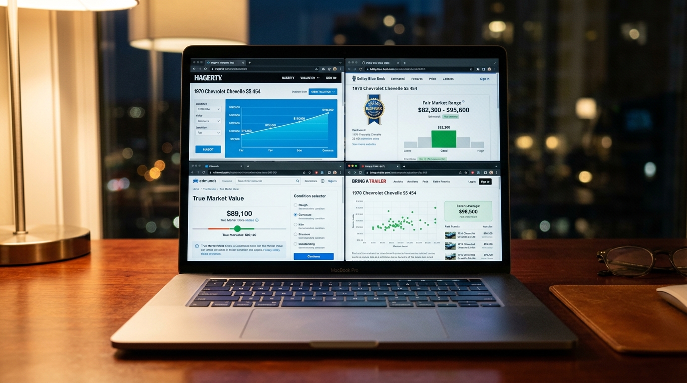 Online car appraisal tools comparison showing multiple car value calculator interfaces on a laptop screen including Hagerty, Kelley Blue Book, Edmunds, and Bring a Trailer with price ranges and condition selectors