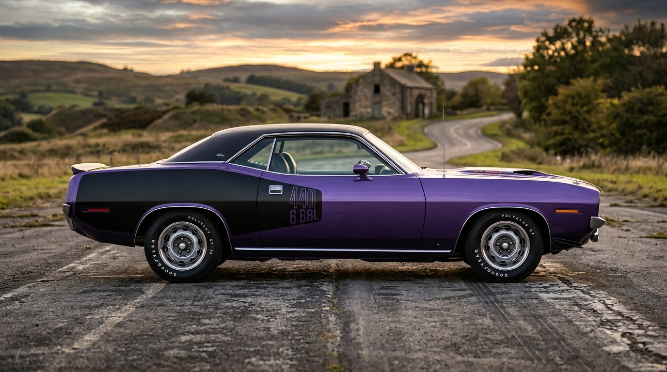1970 Plymouth Cuda 440 Six Pack in In Violet purple with black billboard stripes, side profile showing aggressive E-body Mopar pony car stance