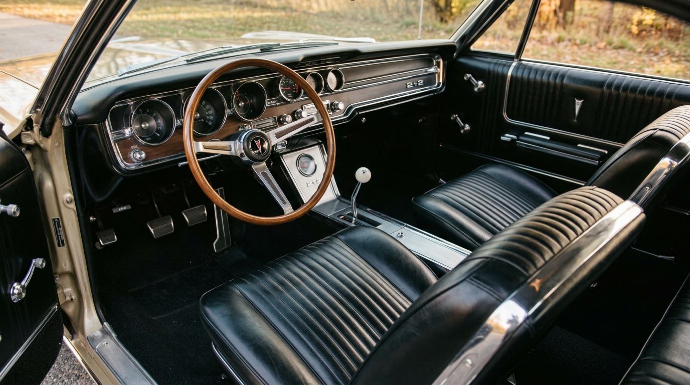 Pontiac Catalina 2+2 interior with bucket seats, center console, Grand Prix instrumentation, and chrome accents in restored full-size Pontiac cabin