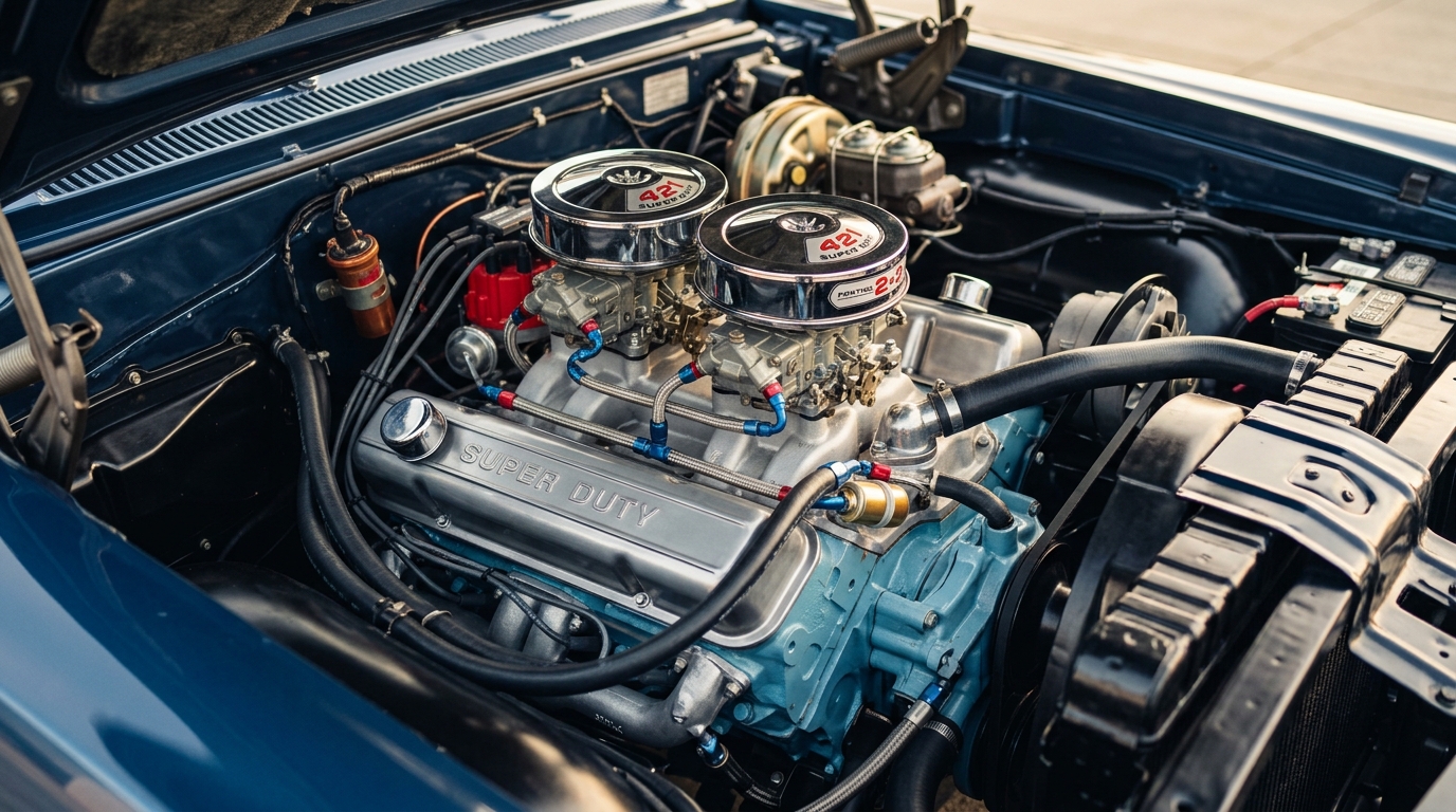 Pontiac Catalina 2+2 421ci Super Duty V8 engine bay with dual quad carburetors and chrome air cleaner, showing 405hp from rare Pontiac muscle car