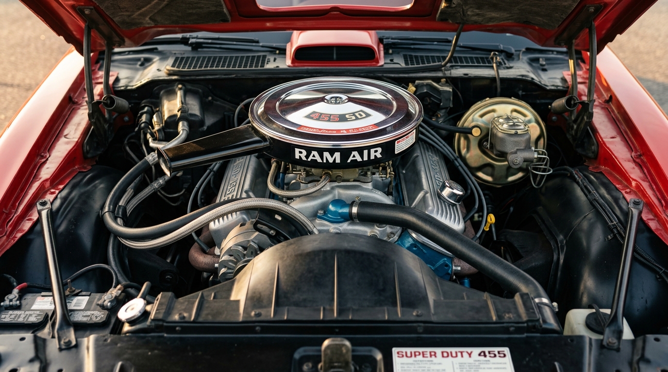 1973 Pontiac Firebird Trans Am 455ci Super Duty V8 engine bay with ram-air hood, showing 325hp from rarest Firebird engine with only 1296 built