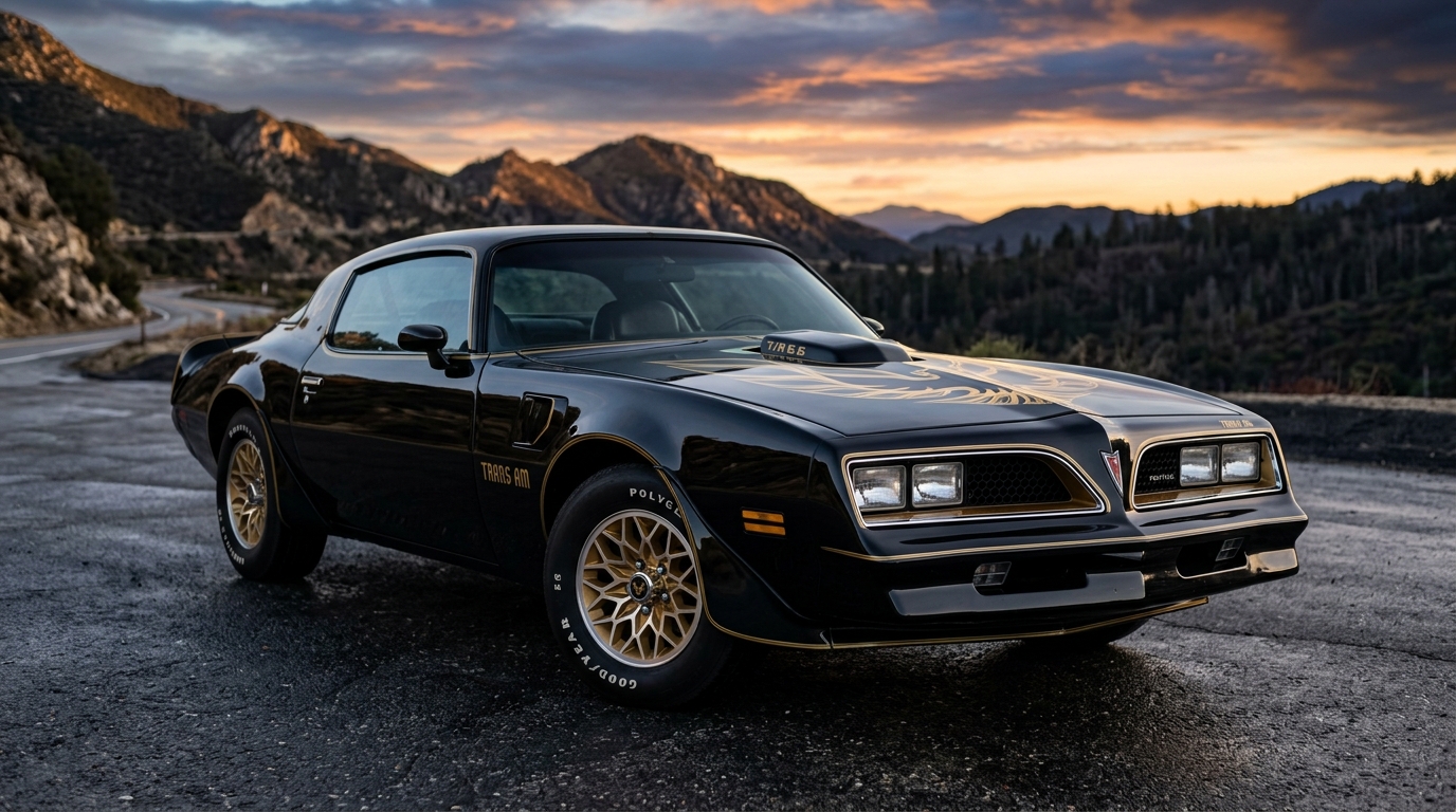 1977 Pontiac Firebird Trans Am in black with gold screaming chicken hood decal, shaker hood scoop, and honeycomb wheels, Smokey and the Bandit era