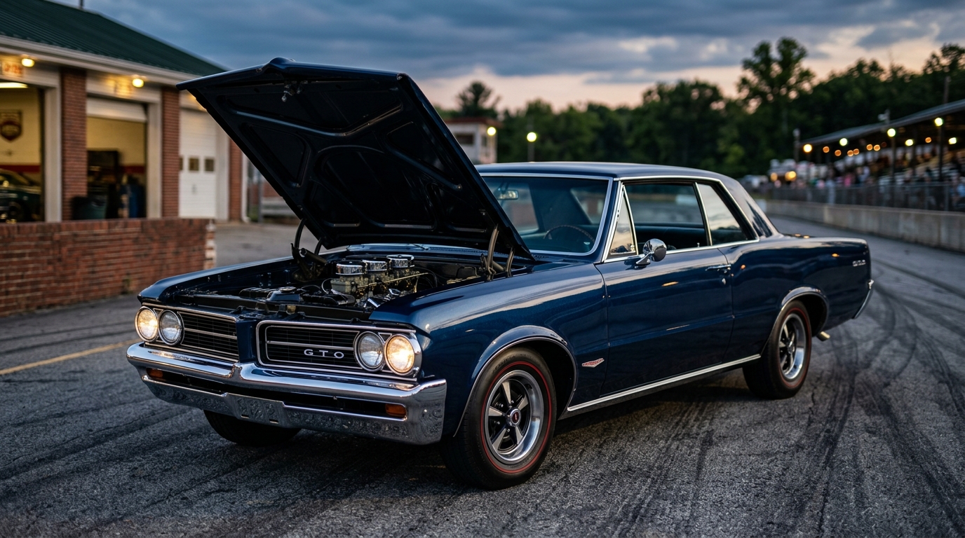 1964 Pontiac GTO in midnight blue with Tri-Power 389 V8, three-quarter view showing the car that started the muscle car era with three two-barrel carbs