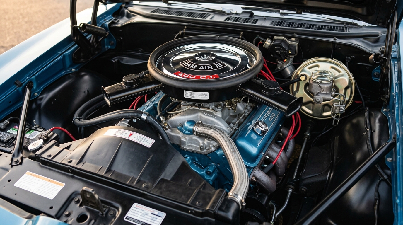 Pontiac GTO Judge 400ci V8 engine bay with Ram Air III induction and chrome air cleaner, showing 366hp from the car that started the muscle car era