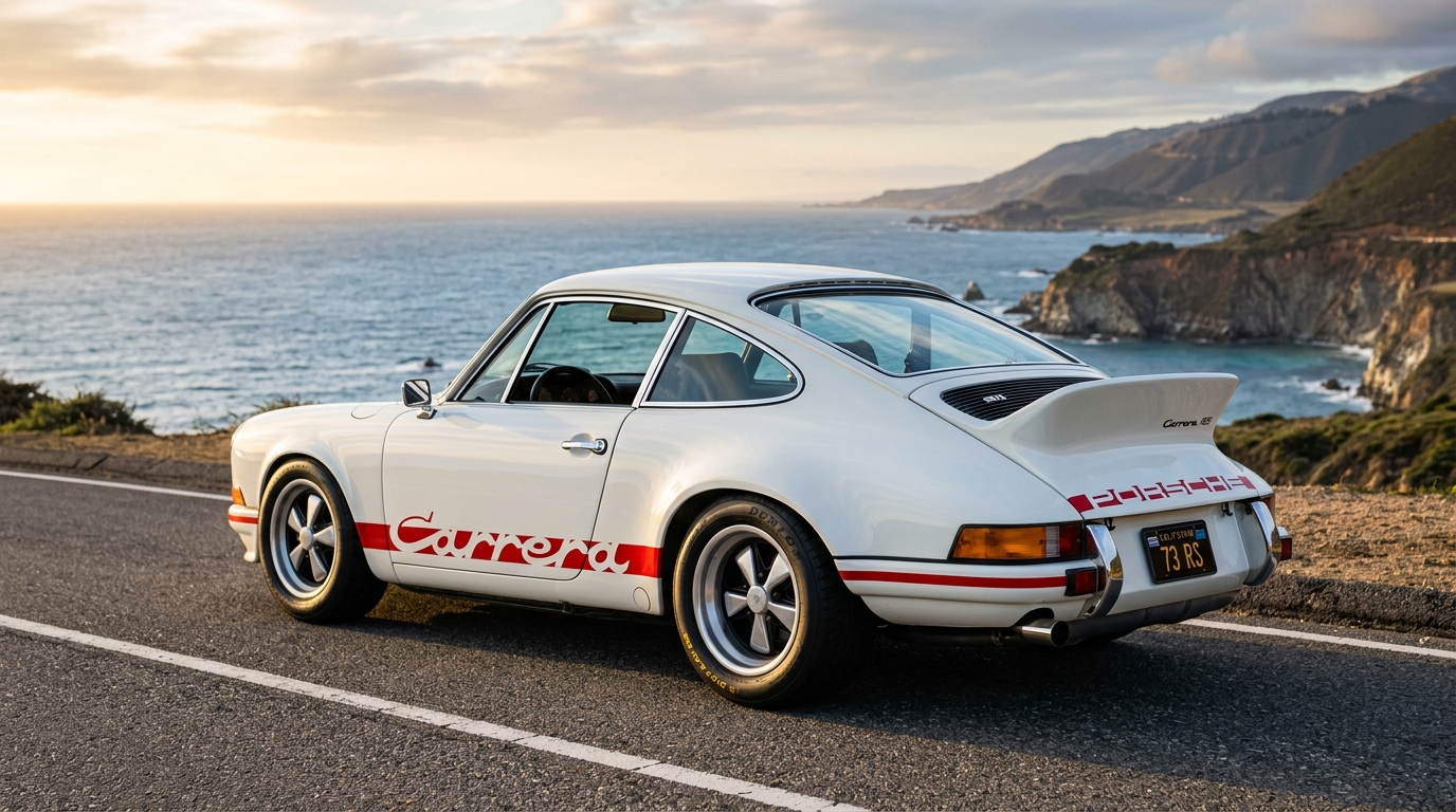 White Porsche 911 Carrera RS 2.7 in rear three-quarter view showing the iconic ducktail rear spoiler, Fuchs alloy wheels, and wider rear fenders on a coastal road with the ocean visible in the background