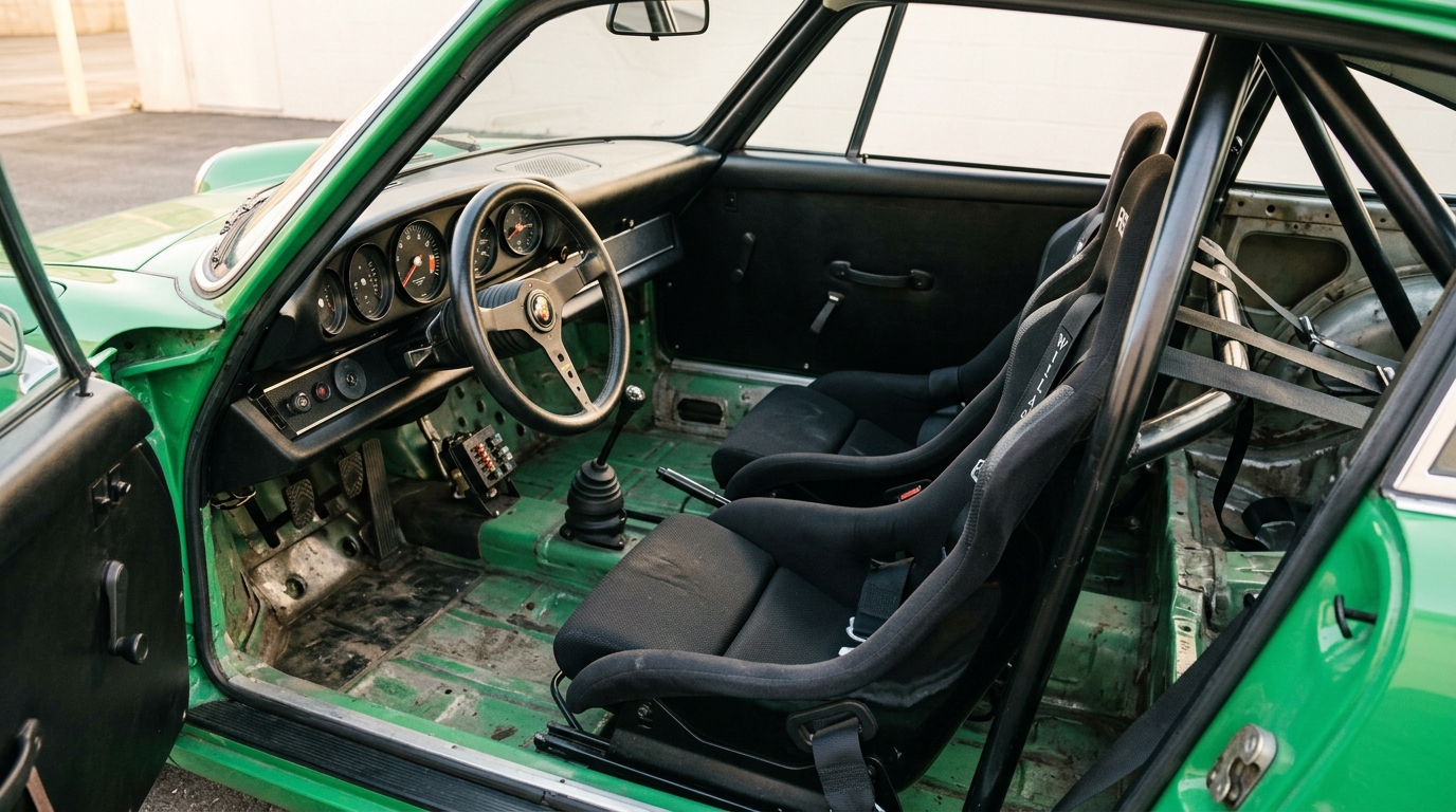 Porsche 911 Carrera RS 2.7 Lightweight interior showing stripped-out cabin with lightweight bucket seats, no rear seats, no carpets, door panels without armrests, and roll cage in a race-prepared configuration