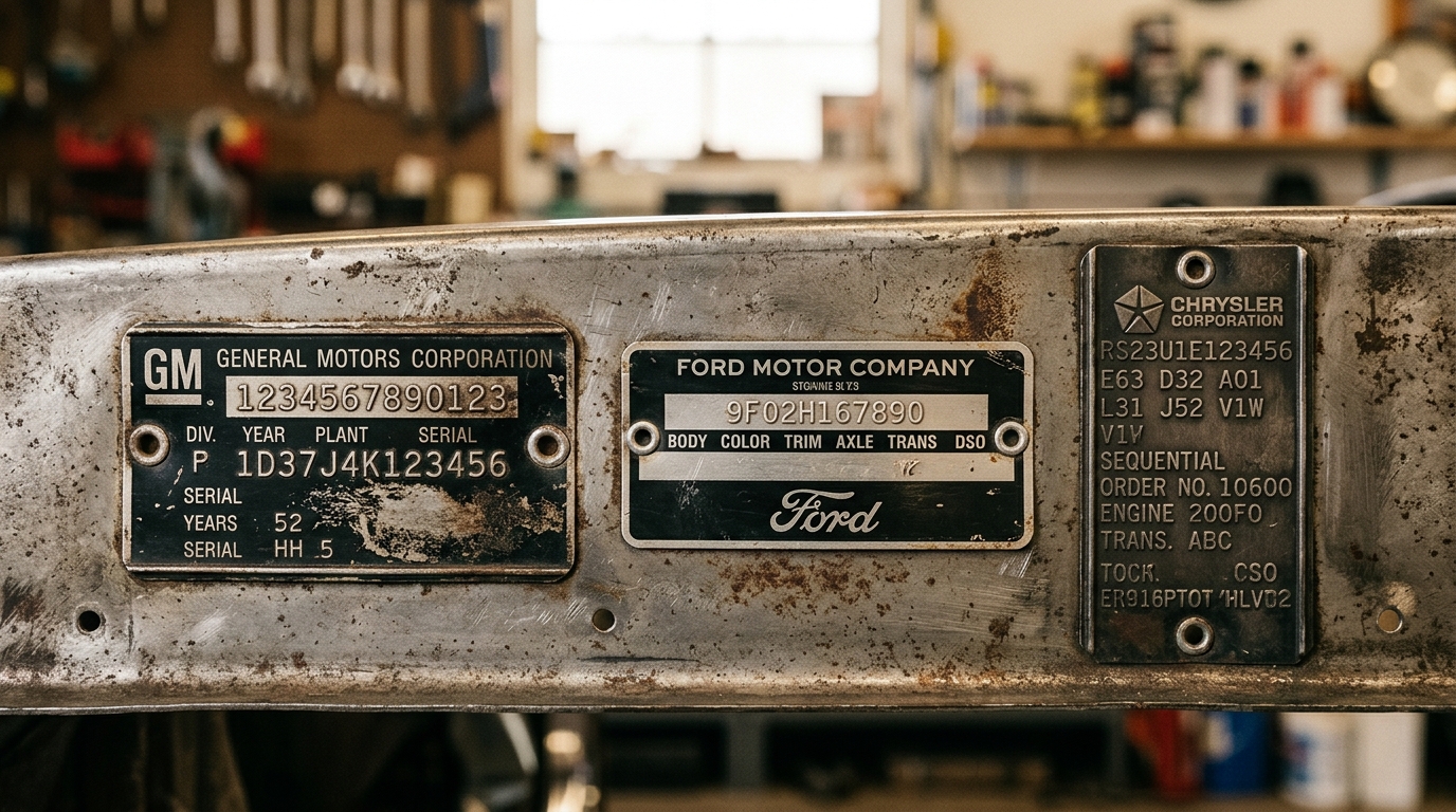 Three pre-1981 VIN data plates comparison: GM 13-digit, Ford 11-digit, and Mopar 13-digit formats showing different positional encodings