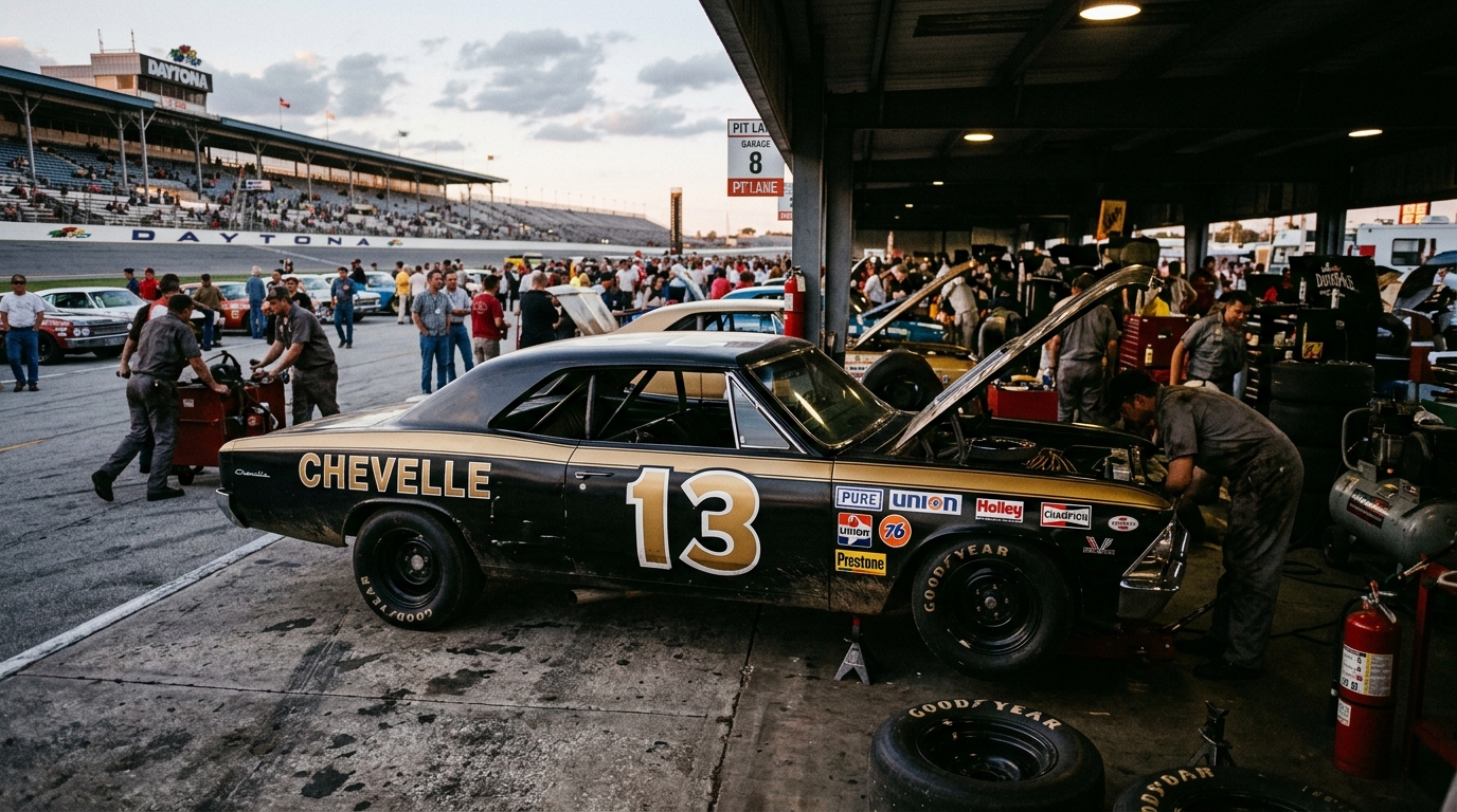 1966 Chevrolet Chevelle NASCAR stock car in Smokey Yunick black and gold livery sitting in the Daytona International Speedway garage area with the #13 visible on the door