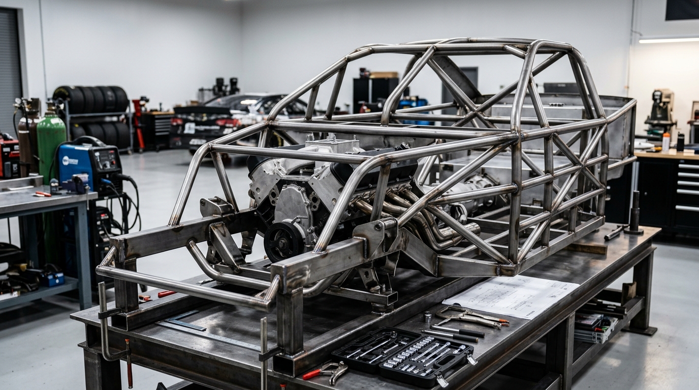 Custom-built NASCAR stock car chassis frame on a workbench showing tubular construction with engine as stressed member design, a Formula 1 innovation adapted for stock car racing by Smokey Yunick