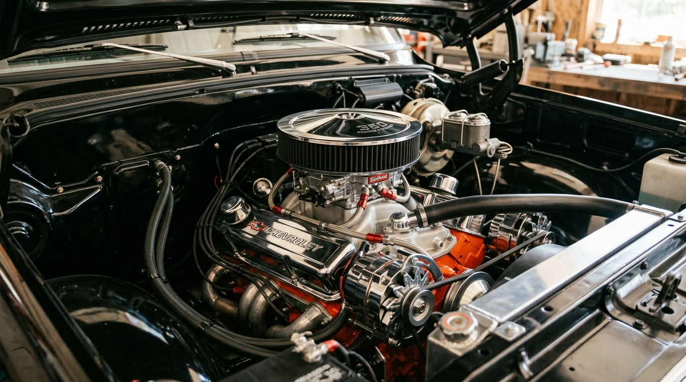 Chevrolet Squarebody C10 engine bay with rebuilt 350ci V8 small-block, chrome air cleaner and valve covers in detailed engine compartment