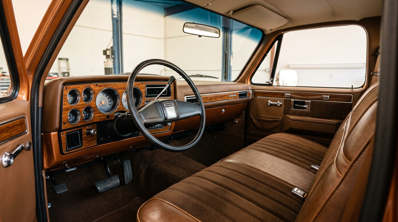 Chevrolet Squarebody C10 Silverado interior with woodgrain dashboard, full instrumentation, bench seat, and chrome trim accents in restored cabin