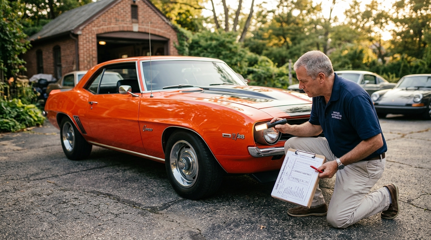 Classic car appraiser performing condition inspection on a 1969 Camaro with flashlight and clipboard, checking paint quality and panel gaps for vintage car appraisal
