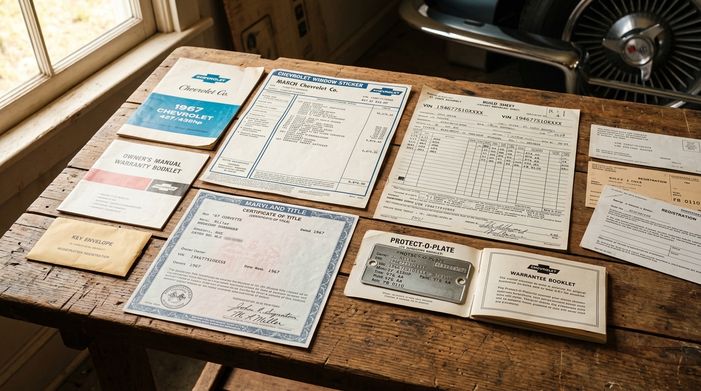 Classic car documentation including original window sticker, build sheet, Protect-O-Plate, and title documents spread on a table for vintage car appraisal verification