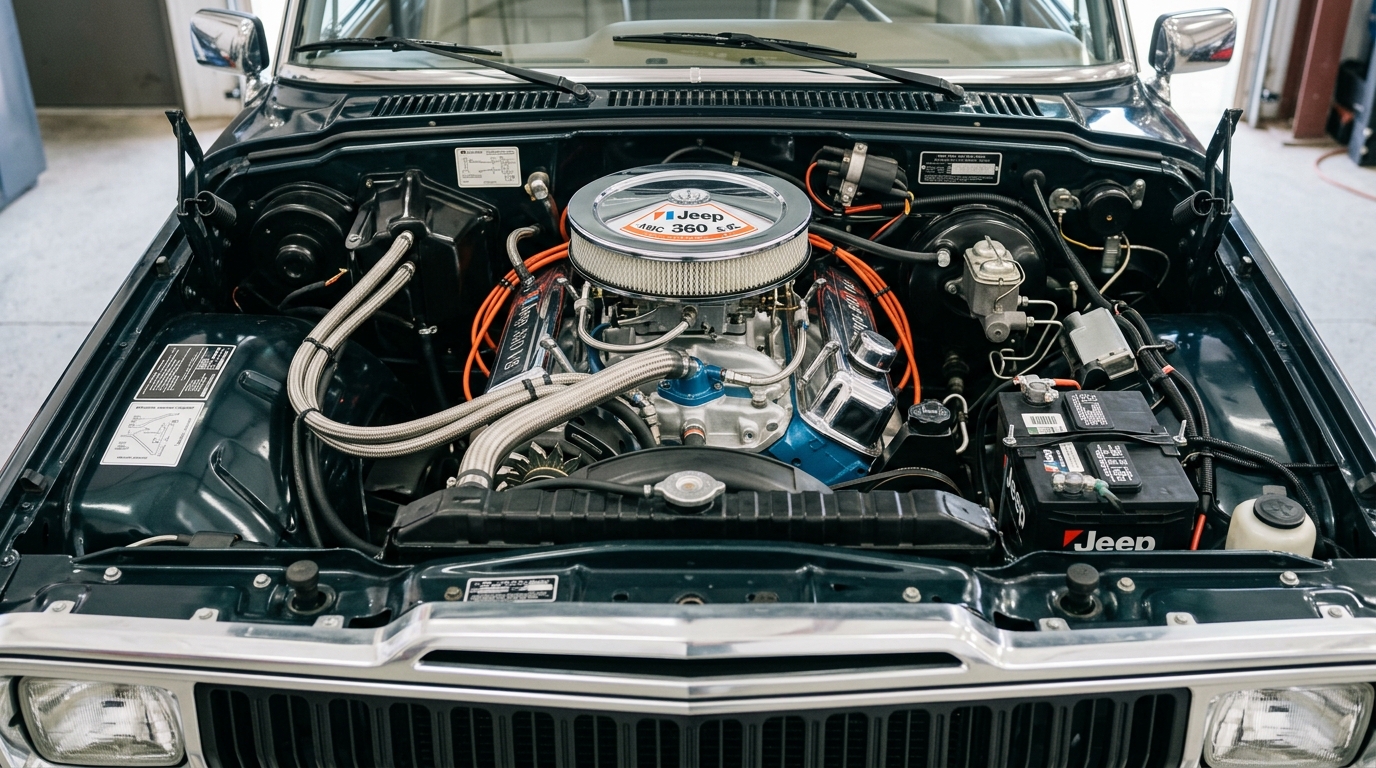 1988 Jeep Grand Wagoneer AMC 360ci V8 engine bay with chrome valve covers and air cleaner in detailed engine compartment, 175hp 295 lb-ft