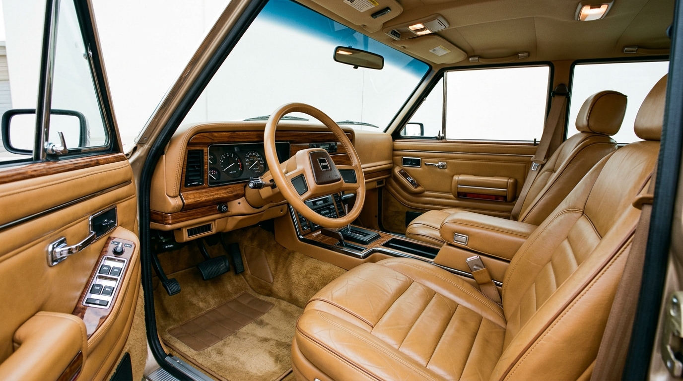 1989 Jeep Grand Wagoneer luxury interior with leather seats, woodgrain dashboard, power windows, and chrome trim accents in restored cabin