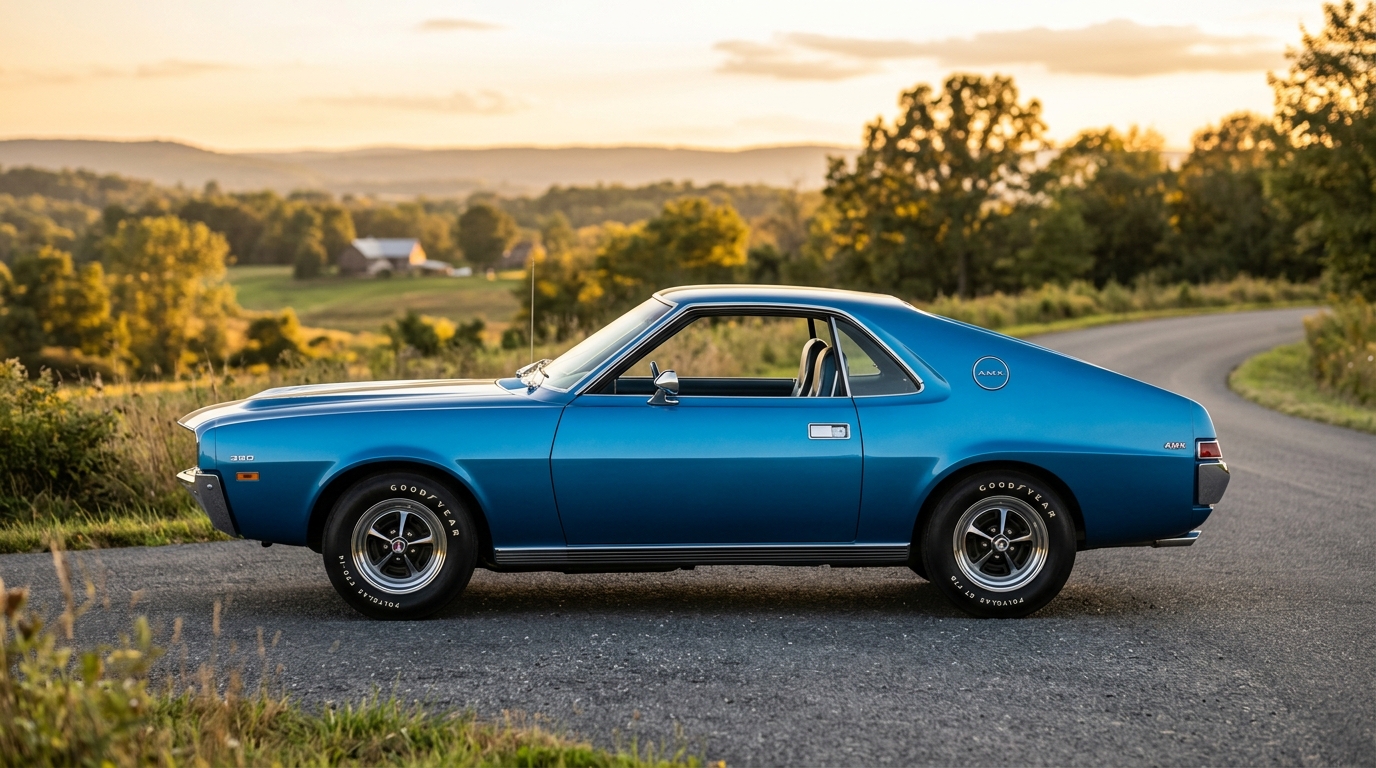 AMC AMX in profile showing compact 2-seat muscle car styling with Big Bad orange paint