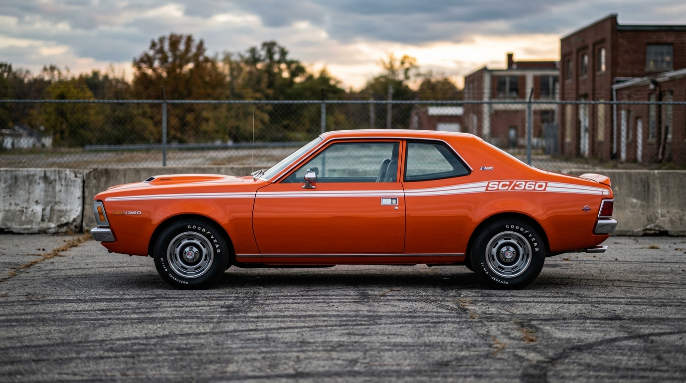 1971 AMC Hornet SC/360 compact muscle car side profile in Big Bad Orange with sport stripes