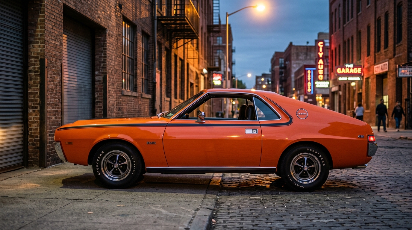AMC AMX in profile showing compact muscle car design with short wheelbase and big-block 390 V8