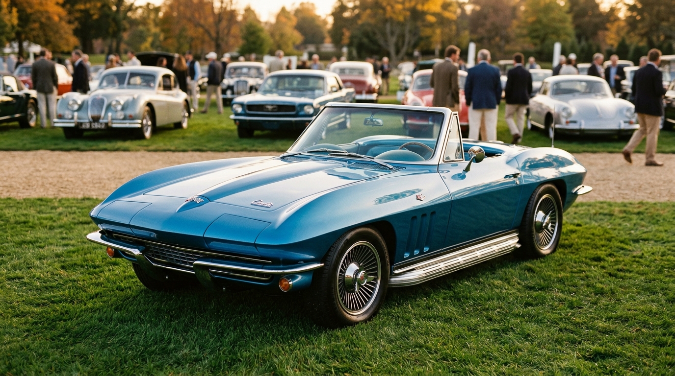 1965 Corvette Sting Ray convertible in Nassau Blue, parked at a classic car show