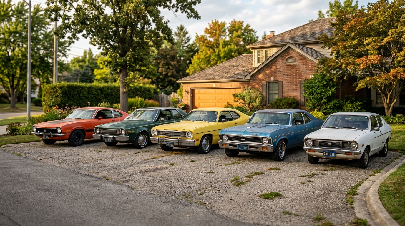 Row of affordable classic cars under $10,000 including Ford Maverick, AMC Hornet, VW Beetle, MGB, and Datsun B210 lined up in a driveway