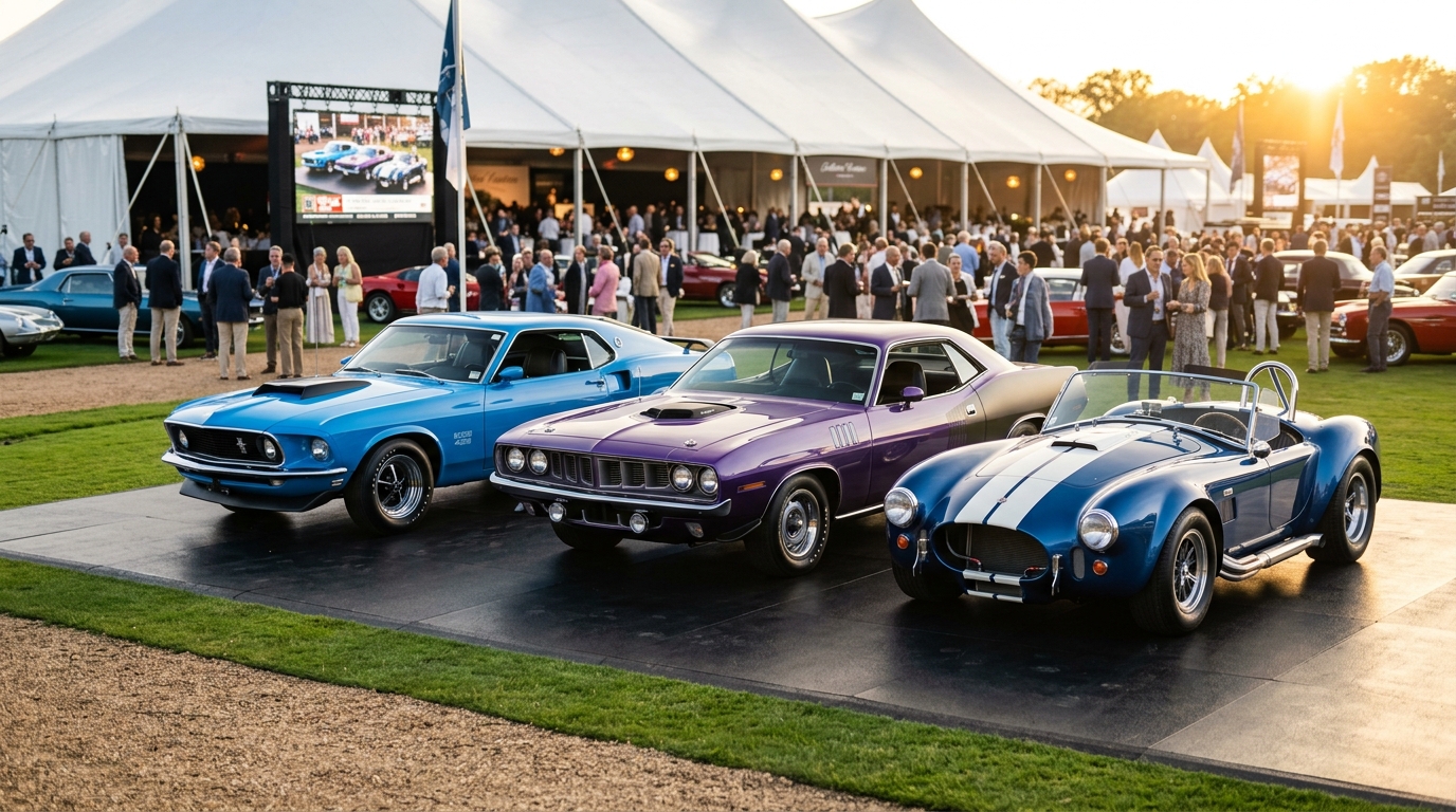 Blue-chip classic car collection showing a Ford Mustang Boss 429, Plymouth Hemi Cuda, and Shelby Cobra 427 parked in a row at a prestigious collector car auction with warm golden hour lighting