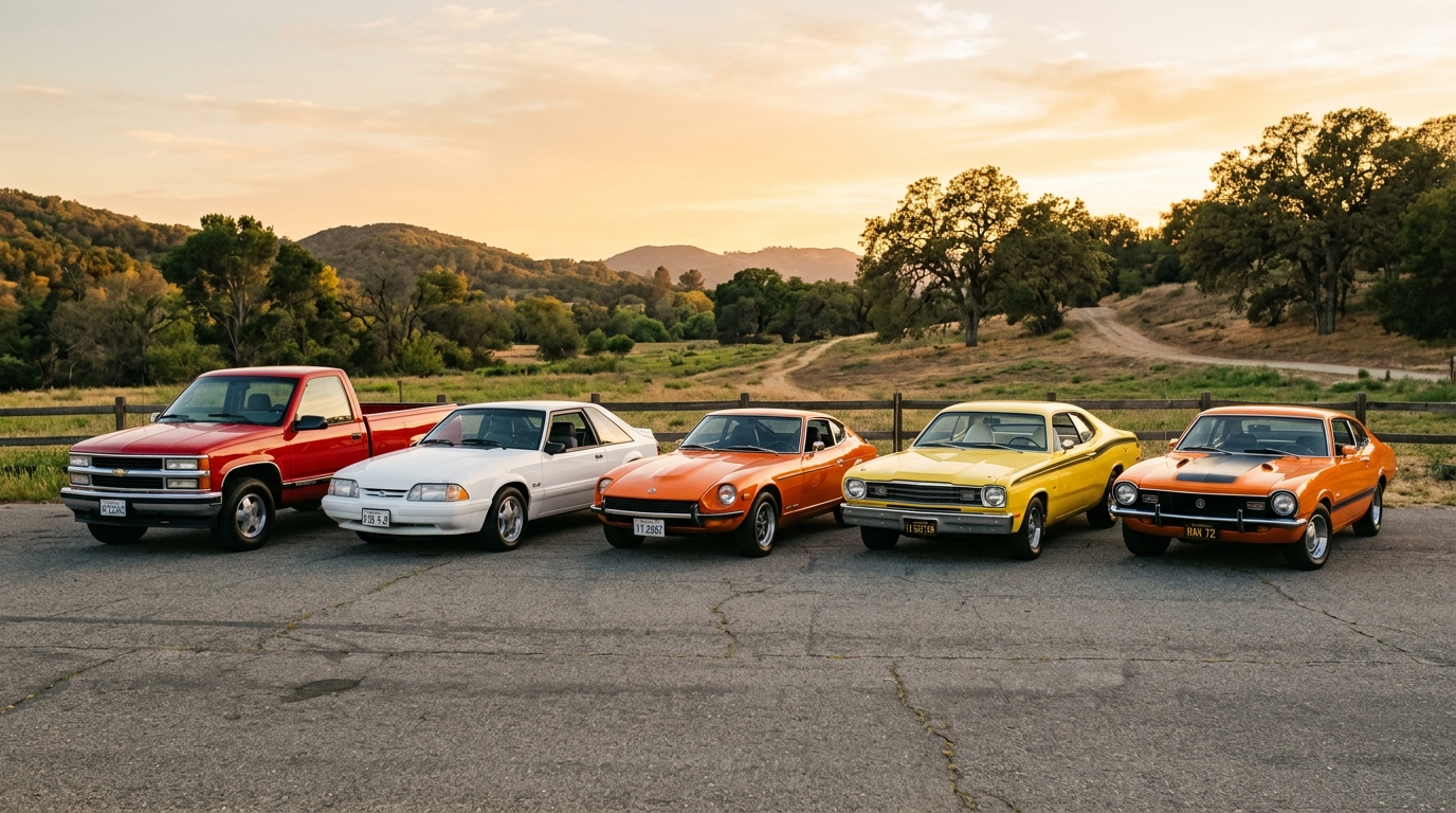 Row of five best classic cars under $20,000 including a GMT400 Chevy truck, Fox Body Mustang 5.0, Datsun 280Z, Plymouth Duster, and Ford Maverick Grabber parked in a row at golden hour