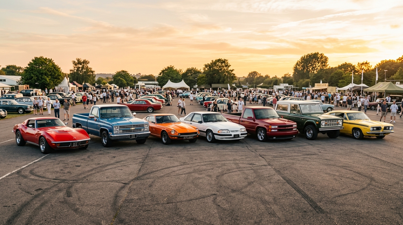 Seven best classic cars under $50,000 parked in a row including a C3 Corvette, Squarebody C10, Datsun 280Z, Fox Body Mustang, GMT400 Chevy truck, Early Ford Bronco, and Plymouth Barracuda at golden hour