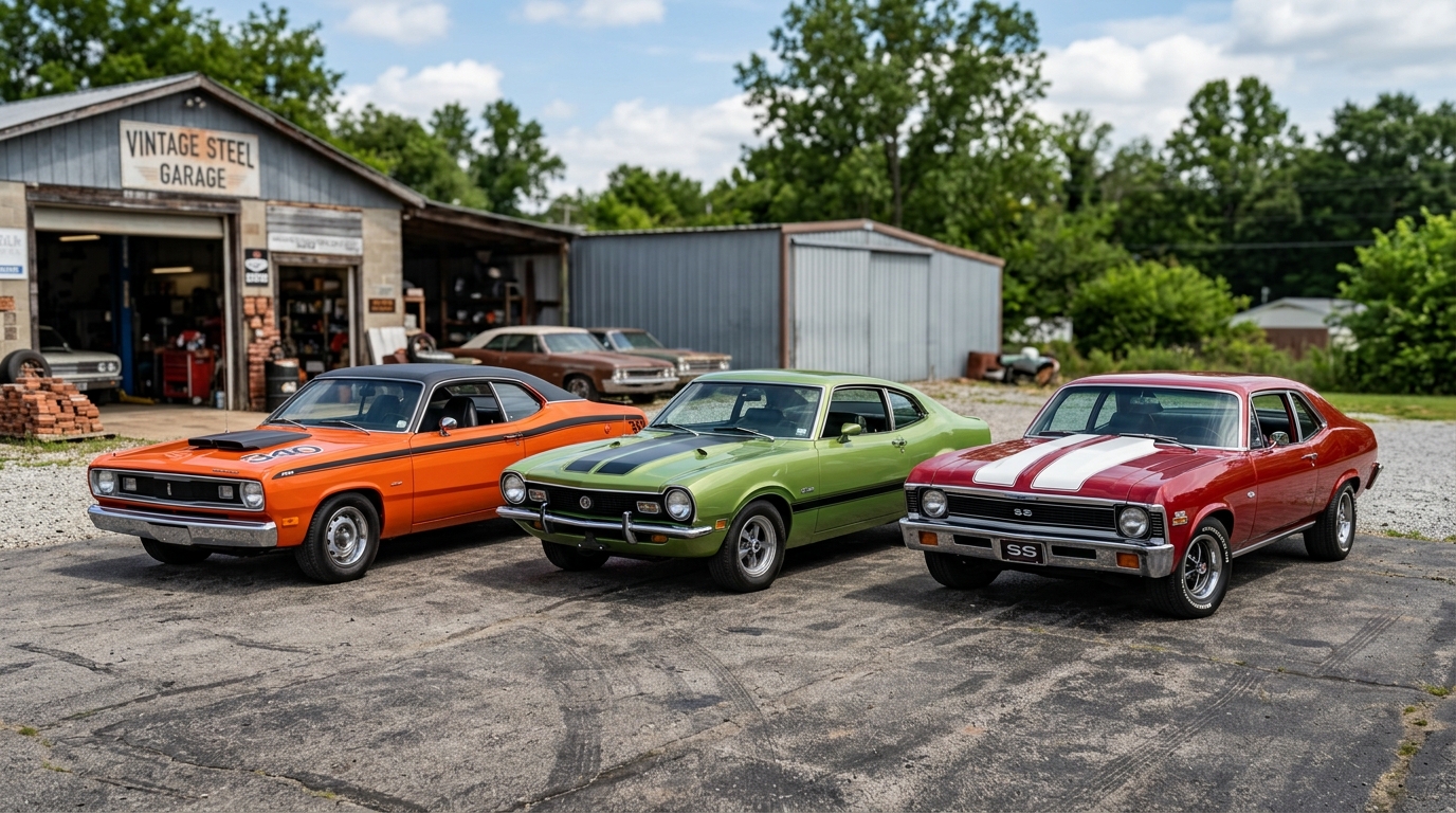 Collection of budget muscle cars including Plymouth Duster, Ford Maverick, and Chevy Nova lined up side by side
