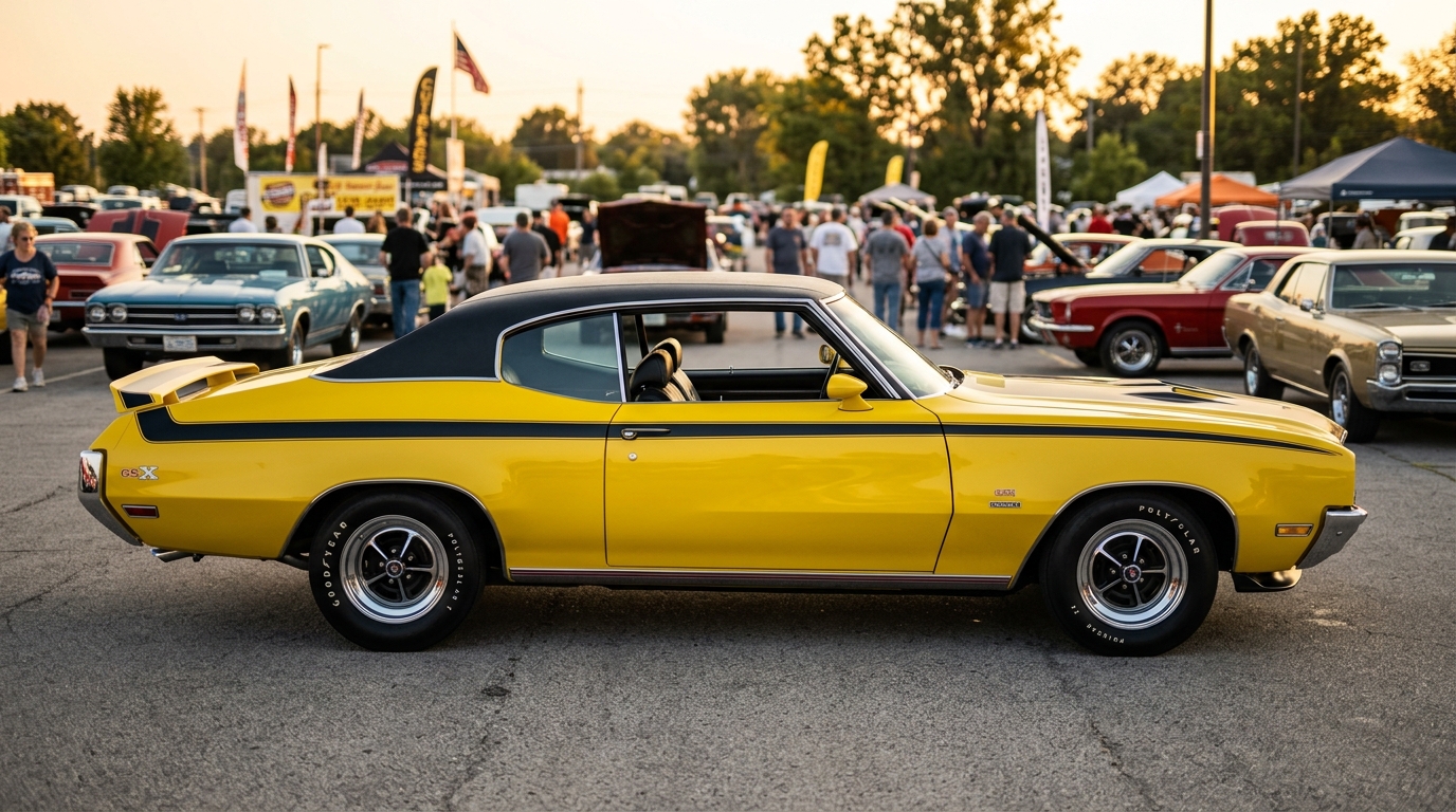 Buick GSX Stage 1 in profile showing GM A-body muscle car design with 455 V8 and distinctive GSX stripes