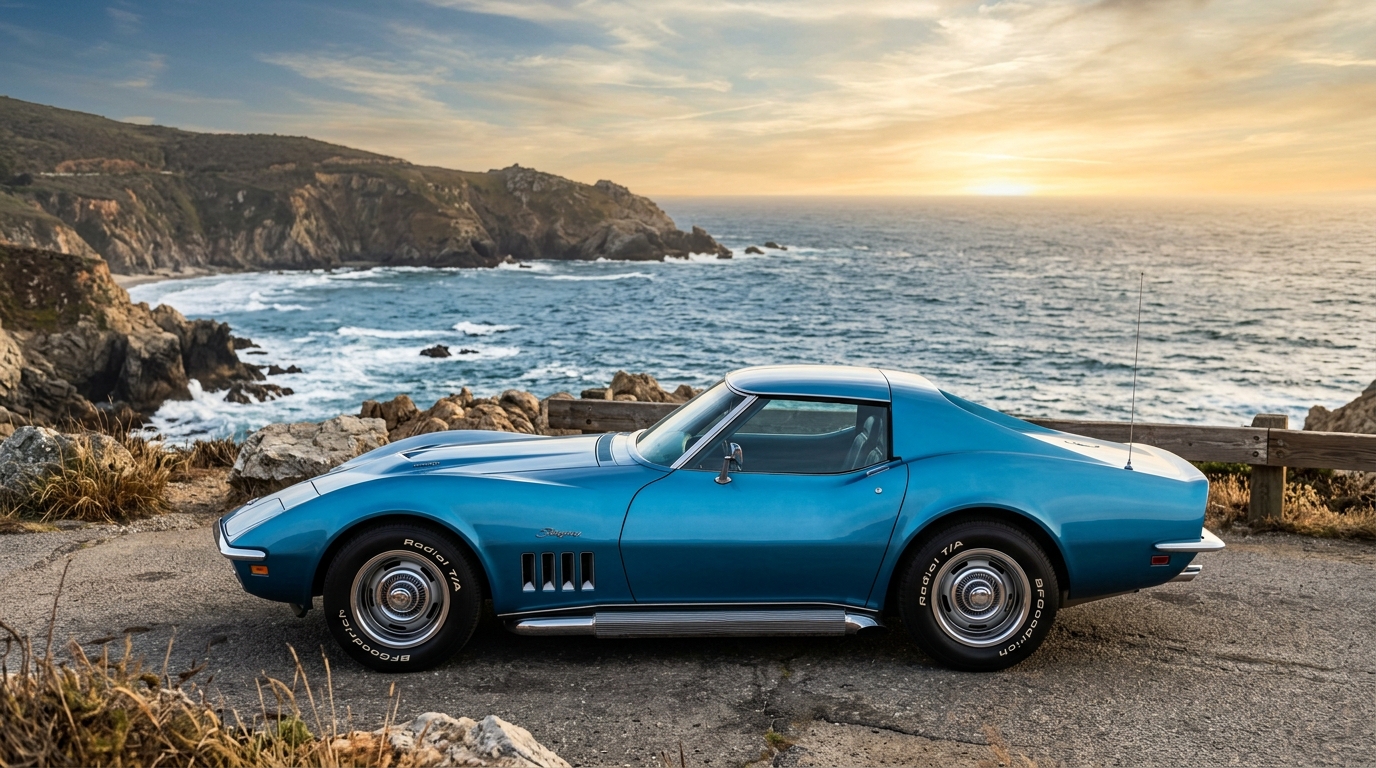 Chevrolet C3 Corvette Stingray in profile showing iconic sweeping fender line