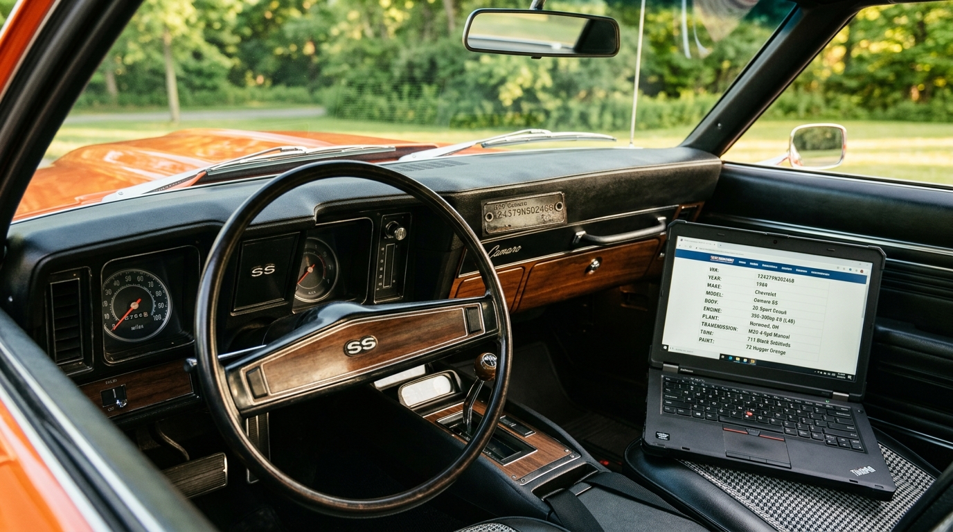 Car appraisal by VIN showing a classic car VIN plate on the dashboard and a laptop with VIN decoding results showing engine, body style, and factory configuration data