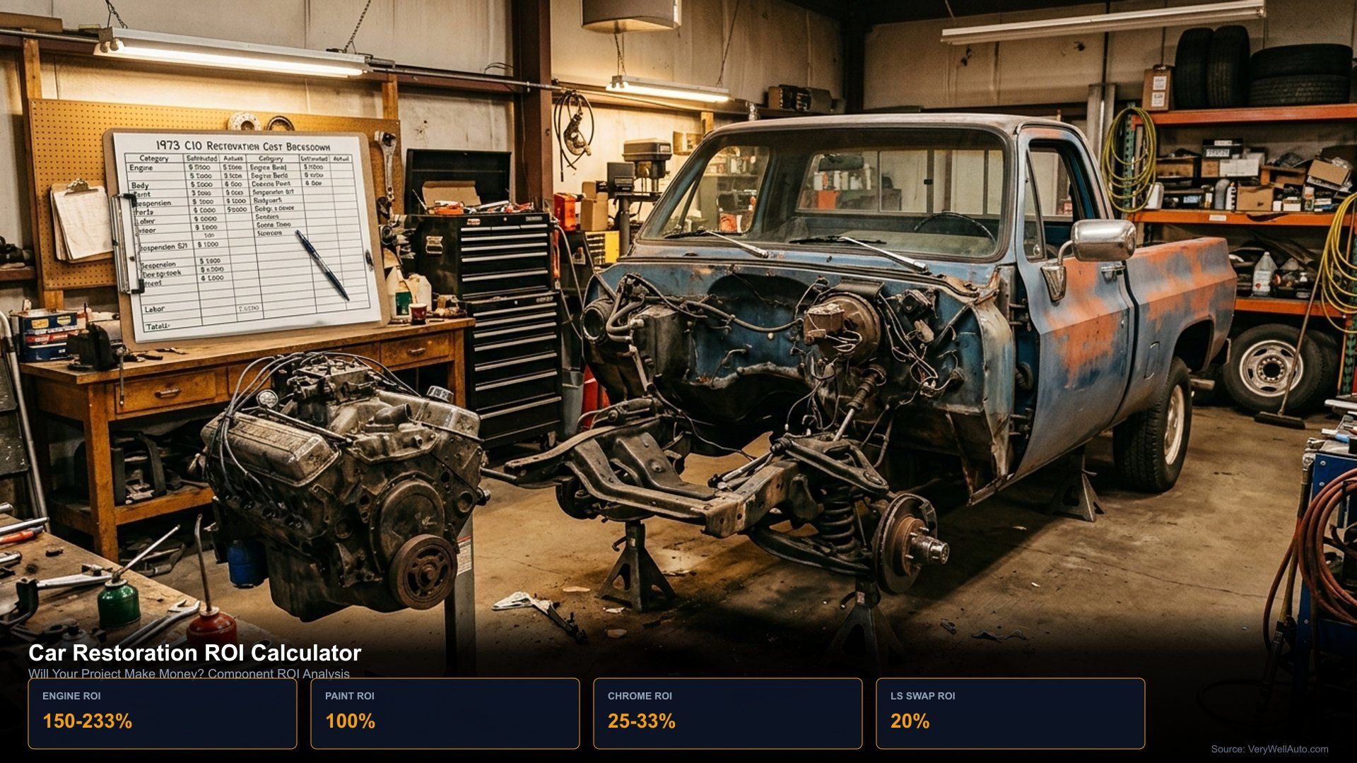 Classic car restoration project showing engine rebuild in progress with cost breakdown chart and ROI calculation spreadsheet for car restoration value increase analysis