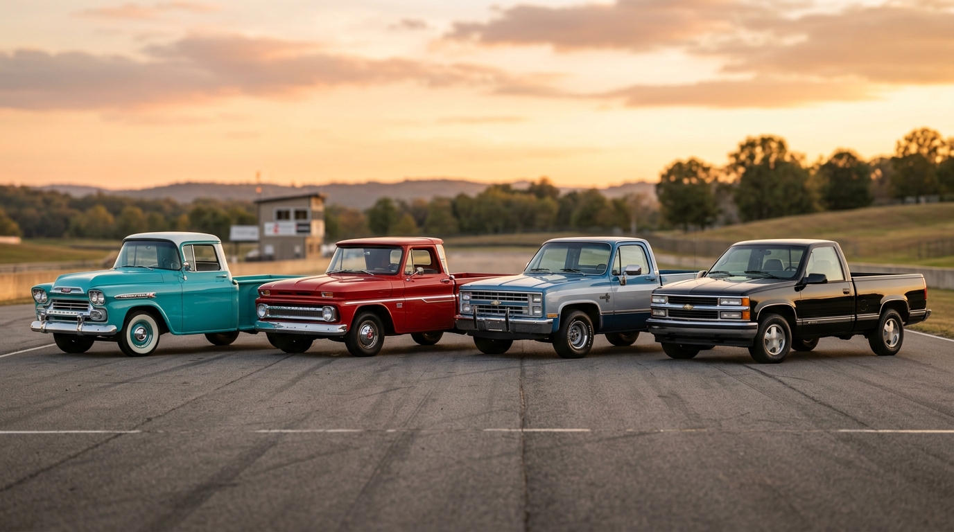 Four Chevrolet C10 pickup trucks side by side representing each generation: 1957 Task Force Apache, 1964 Action Line, 1985 Squarebody, and 1995 OBS GMT400
