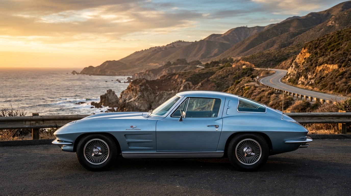 Chevrolet Corvette C2 Sting Ray split-window coupe in profile showing iconic American sports car styling